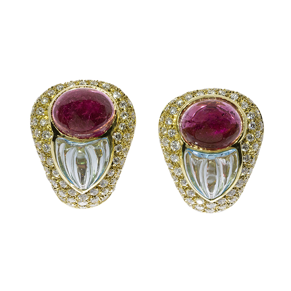 18K Pink Tourmaline Blue Topaz Diamond Earrings